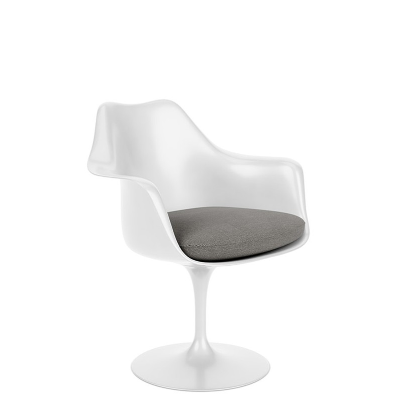 Knoll - Tulip fixed chair with arms structure white upholstered fabric seat